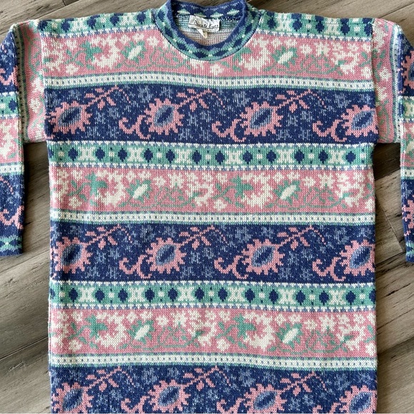Vintage 1980s Private Eyes Adele Knit Pastel Fair Isle Oversized Sweater - Picture 2 of 9